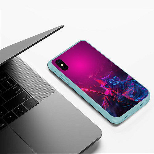 Чехол iPhone XS Max матовый Кот самурай с катаной киберпанк / 3D-Мятный – фото 3