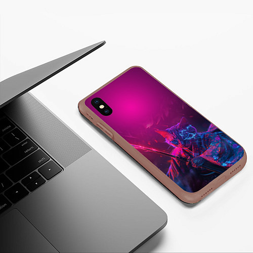 Чехол iPhone XS Max матовый Кот самурай с катаной киберпанк / 3D-Коричневый – фото 3