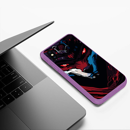 Чехол iPhone XS Max матовый Злая лиса с красными глазами в стиле манга - angry / 3D-Фиолетовый – фото 3