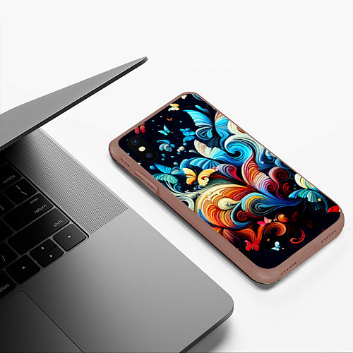 Чехол iPhone XS Max матовый Бабочки и цветы в ночи - фантазия / 3D-Коричневый – фото 3