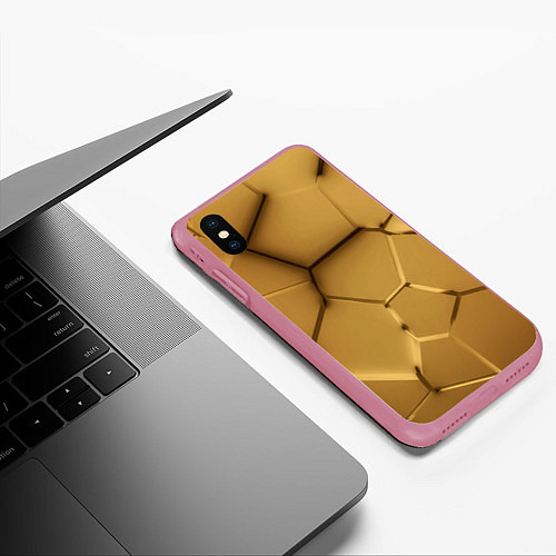 Чехол iPhone XS Max матовый Золотые неоновые плиты в разломе / 3D-Малиновый – фото 3