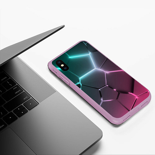 Чехол iPhone XS Max матовый Голубые и розовые неоновые плиты в разломе / 3D-Сиреневый – фото 3