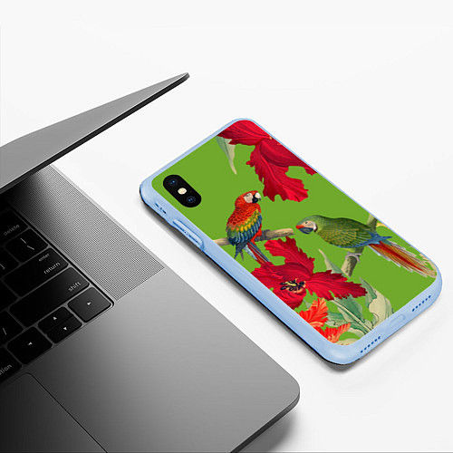 Чехол iPhone XS Max матовый Попугаи среди цветов / 3D-Голубой – фото 3