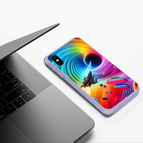 Чехол iPhone XS Max матовый Полёт к чёрной дыре - нейросеть / 3D-Светло-сиреневый – фото 3