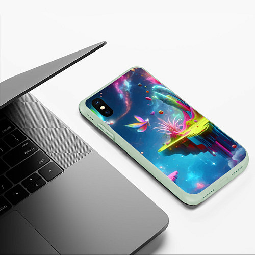 Чехол iPhone XS Max матовый Космическая фантазия - нейросеть / 3D-Салатовый – фото 3