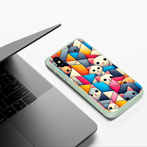 Чехол iPhone XS Max матовый Geometric pattern with kittens - ai art / 3D-Салатовый – фото 3