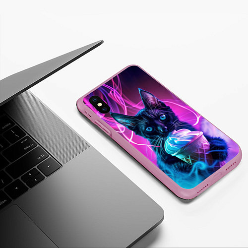 Чехол iPhone XS Max матовый Черный кот и мороженое - неоновый дым / 3D-Розовый – фото 3