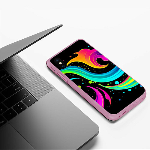 Чехол iPhone XS Max матовый Яркая неоновая абстракция - нейросеть / 3D-Розовый – фото 3