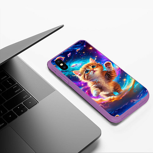 Чехол iPhone XS Max матовый Рыжий кот в космосе / 3D-Фиолетовый – фото 3