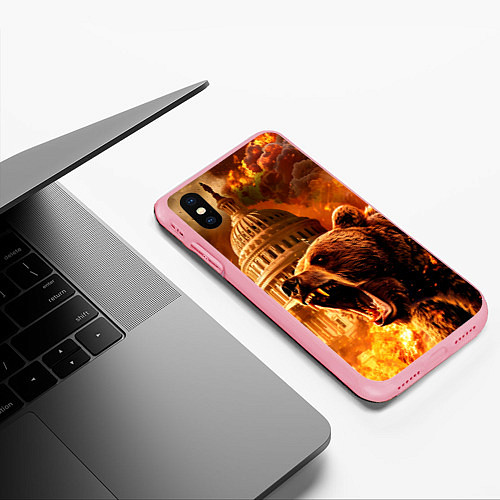 Чехол iPhone XS Max матовый Рычащий медведь на фоне огненного Капитолия / 3D-Баблгам – фото 3