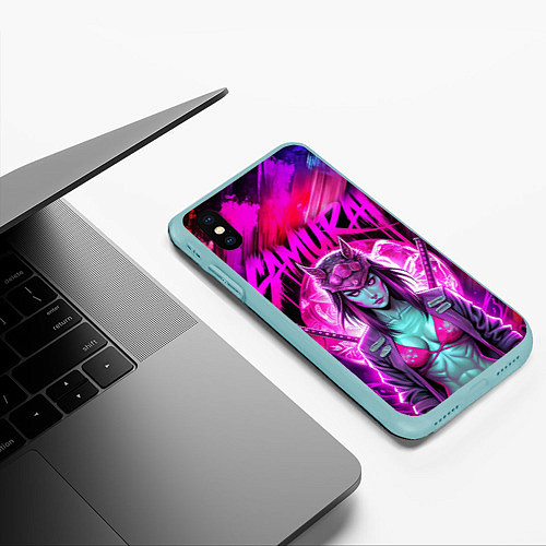 Чехол iPhone XS Max матовый Строгая девушка самурай в откровенном костюме / 3D-Мятный – фото 3