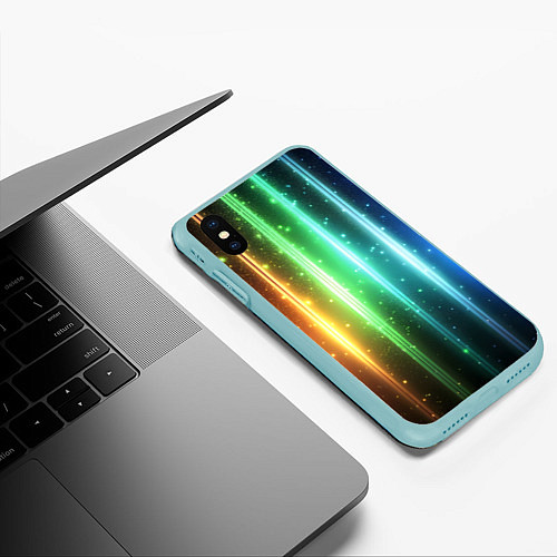 Чехол iPhone XS Max матовый Светящиеся яркие неоновые полосы в космосе / 3D-Мятный – фото 3