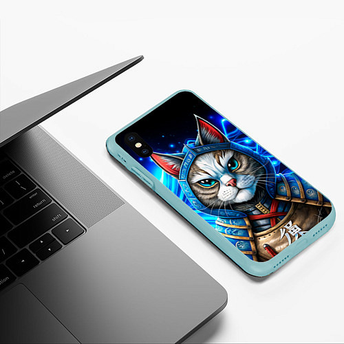 Чехол iPhone XS Max матовый Строгий кот самурай / 3D-Мятный – фото 3