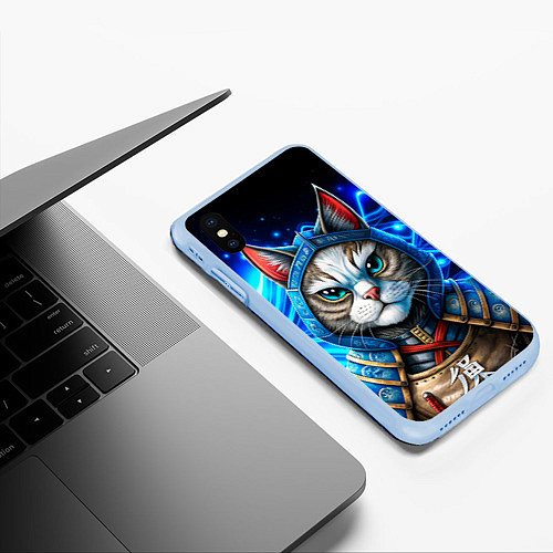 Чехол iPhone XS Max матовый Строгий кот самурай / 3D-Голубой – фото 3