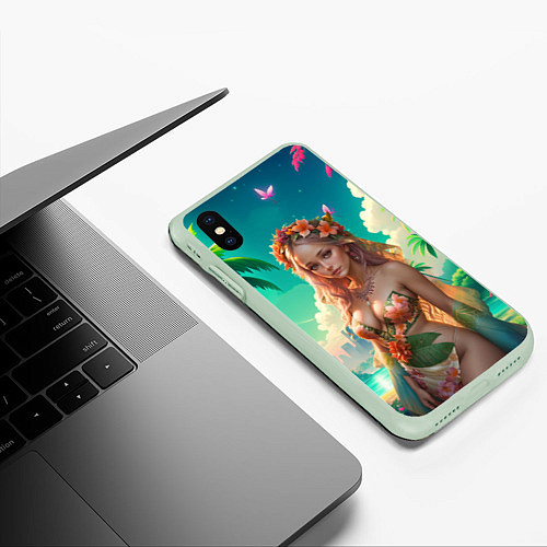 Чехол iPhone XS Max матовый Красивая девушка на пляже в цветочном купальнике / 3D-Салатовый – фото 3