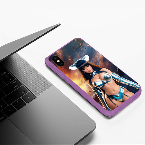 Чехол iPhone XS Max матовый Чудо девушка в блестящем супер костюмена фоне косм / 3D-Фиолетовый – фото 3