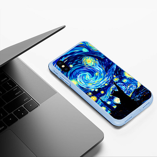 Чехол iPhone XS Max матовый Кот ловит звезды Вангога / 3D-Голубой – фото 3