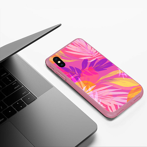 Чехол iPhone XS Max матовый Летний фон с цветными листьями в акварельном стиле / 3D-Малиновый – фото 3