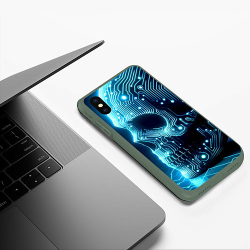 Чехол iPhone XS Max матовый Cyber neon skull - ai art с дорожками на плате / 3D-Темно-зеленый – фото 3