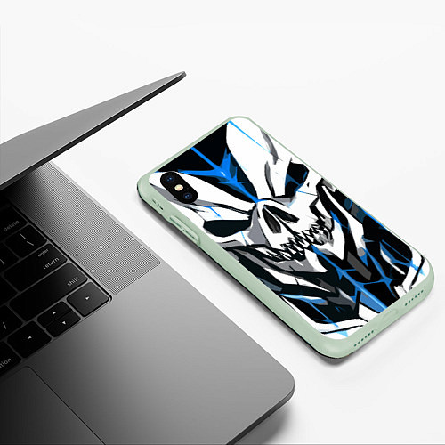 Чехол iPhone XS Max матовый Белый череп и синие полосы на чёрном фоне / 3D-Салатовый – фото 3