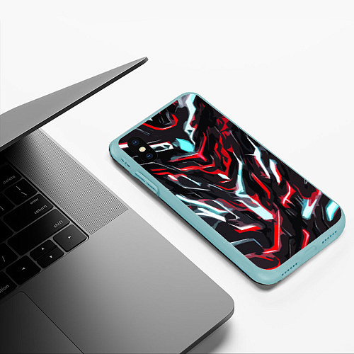 Чехол iPhone XS Max матовый Красно-белые абстрактные линии на чёрном фоне / 3D-Мятный – фото 3