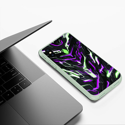 Чехол iPhone XS Max матовый Фиолетово-белые абстрактные линии на чёрном фоне / 3D-Салатовый – фото 3