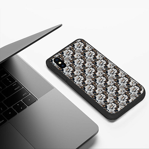 Чехол iPhone XS Max матовый Цветочный узор с розами и золотыми листьями / 3D-Черный – фото 3