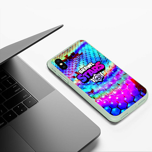 Чехол iPhone XS Max матовый Brawl stars неоновые соты / 3D-Салатовый – фото 3