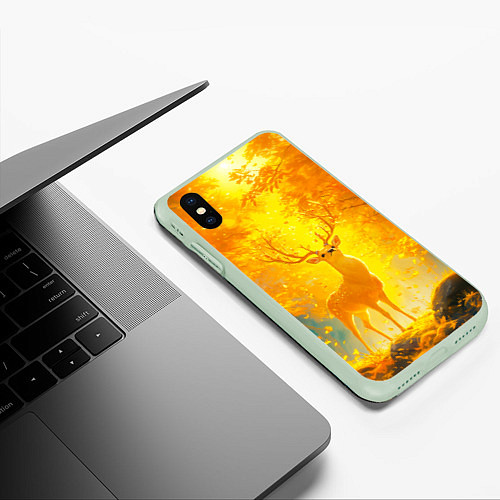 Чехол iPhone XS Max матовый Золотой олень в осеннем лесу / 3D-Салатовый – фото 3