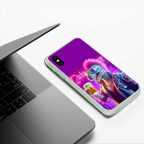 Чехол iPhone XS Max матовый Панк динозавр с кружкой пива - неоновое свечение / 3D-Салатовый – фото 3