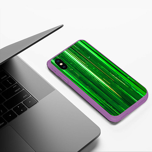 Чехол iPhone XS Max матовый Вертикальные зелёные линии на чёрном фоне / 3D-Фиолетовый – фото 3