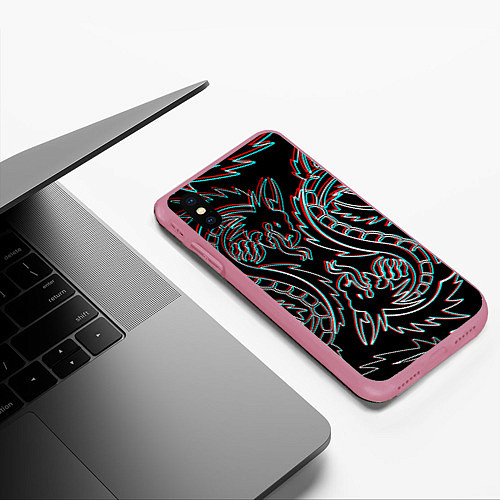 Чехол iPhone XS Max матовый Драконы глитч киберпанк / 3D-Малиновый – фото 3