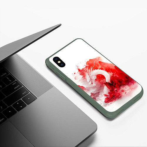 Чехол iPhone XS Max матовый Дракон на фоне красных гор / 3D-Темно-зеленый – фото 3