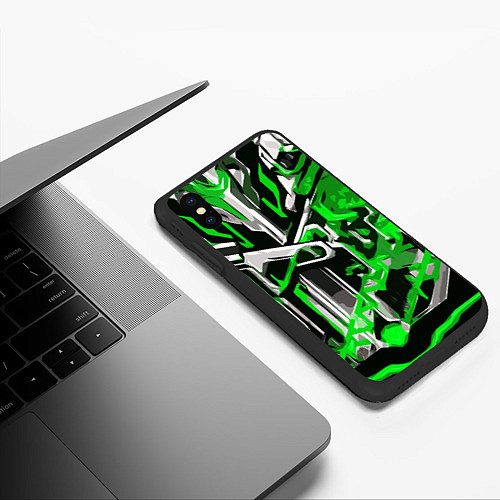 Чехол iPhone XS Max матовый Зелёно-белая агрессивная абстракция на чёрном фоне / 3D-Черный – фото 3