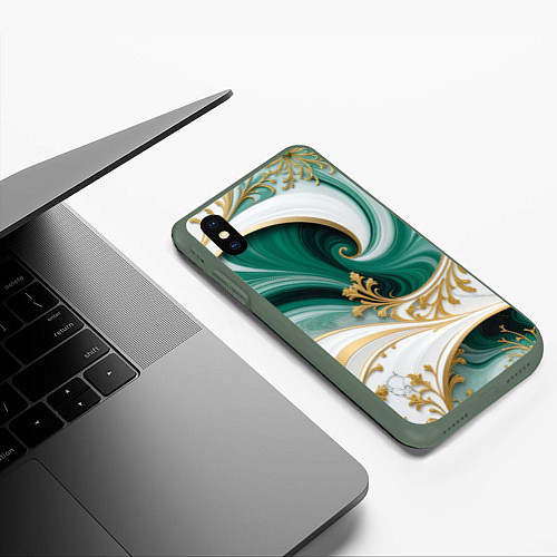 Чехол iPhone XS Max матовый Зеленые волны и золотые веточки / 3D-Темно-зеленый – фото 3