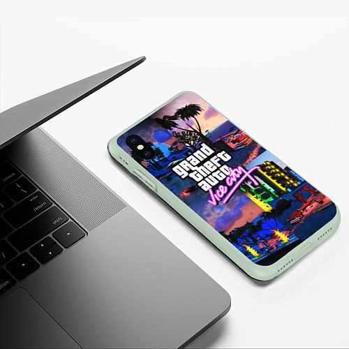 Чехол iPhone XS Max матовый GTA vice city коллаж / 3D-Салатовый – фото 3