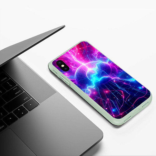 Чехол iPhone XS Max матовый Космическая неоновая абстракция - нейроарт / 3D-Салатовый – фото 3