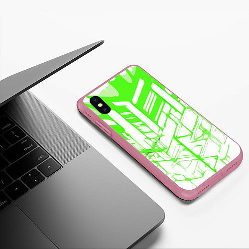 Чехол iPhone XS Max матовый Агрессивные зелёные полосы на белом фоне / 3D-Малиновый – фото 3