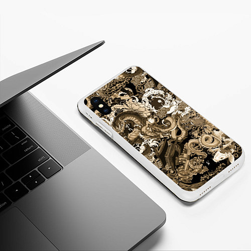 Чехол iPhone XS Max матовый Японские драконы с самураем в бежевом цвете / 3D-Белый – фото 3