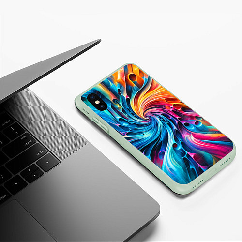 Чехол iPhone XS Max матовый Неоновая абстрактная спираль - нейроарт / 3D-Салатовый – фото 3