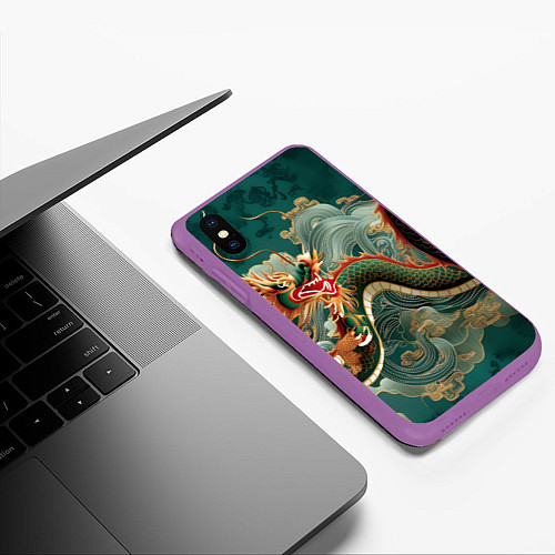 Чехол iPhone XS Max матовый Японский дракон контрасты / 3D-Фиолетовый – фото 3