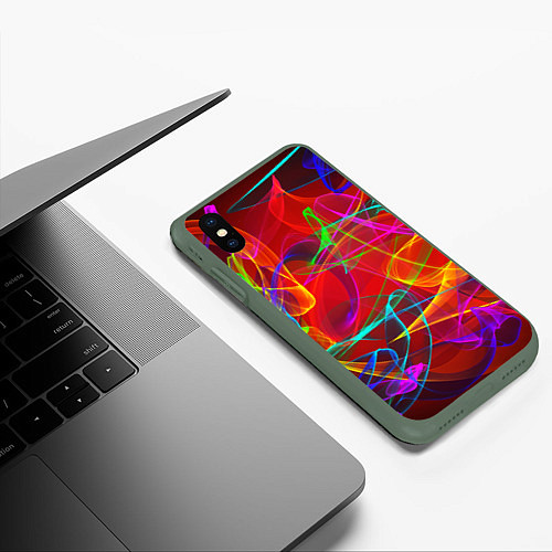 Чехол iPhone XS Max матовый Неоновые волны дыма / 3D-Темно-зеленый – фото 3