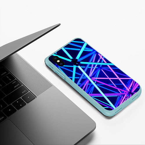 Чехол iPhone XS Max матовый Неоновая текстура геометрия / 3D-Мятный – фото 3