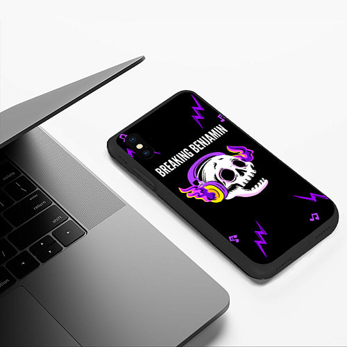 Чехол iPhone XS Max матовый Breaking Benjamin неоновый череп / 3D-Черный – фото 3