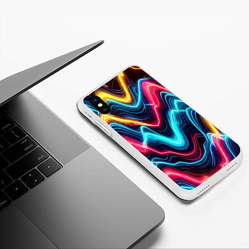 Чехол iPhone XS Max матовый Хаотичные неоновые полосы - абстракция / 3D-Белый – фото 3