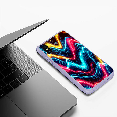 Чехол iPhone XS Max матовый Хаотичные неоновые полосы - абстракция / 3D-Светло-сиреневый – фото 3