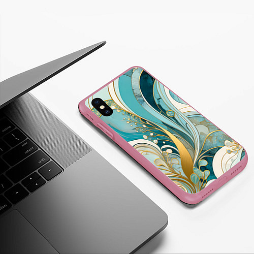 Чехол iPhone XS Max матовый Бирюзовый с белым растительный узор в мягких тонах / 3D-Малиновый – фото 3