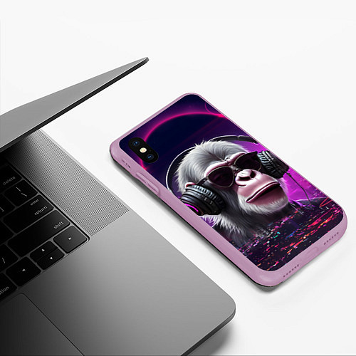 Чехол iPhone XS Max матовый DJ monkey - Neon city / 3D-Сиреневый – фото 3