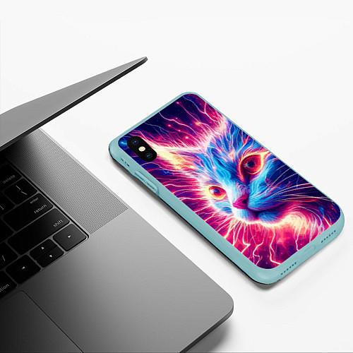 Чехол iPhone XS Max матовый Неоновая мордочка котёнка - нейроарт элетро кот / 3D-Мятный – фото 3