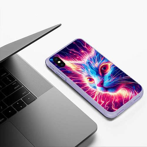 Чехол iPhone XS Max матовый Неоновая мордочка котёнка - нейроарт элетро кот / 3D-Светло-сиреневый – фото 3